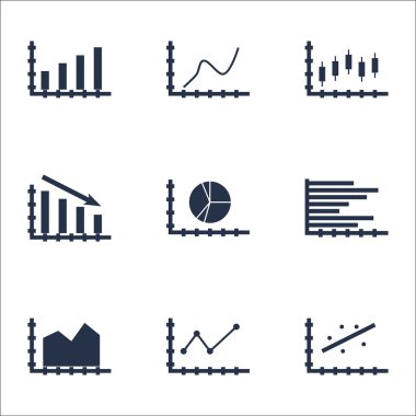 Grafikler, diyagramlar ve istatistik simgeler kümesi. Premium Kalite simgesi derleme. Simgeler, Web, uygulama ve kullanıcı arabirimi tasarımı için kullanılabilir. Vektör çizim, Eps10.