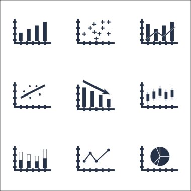 Grafikler, diyagramlar ve istatistik simgeler kümesi. Premium Kalite simgesi derleme. Simgeler, Web, uygulama ve kullanıcı arabirimi tasarımı için kullanılabilir. Vektör çizim, Eps10.