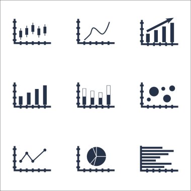 Grafikler, diyagramlar ve istatistik simgeler kümesi. Premium Kalite simgesi derleme. Simgeler, Web, uygulama ve kullanıcı arabirimi tasarımı için kullanılabilir. Vektör çizim, Eps10.