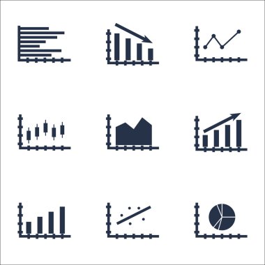 Grafikler, diyagramlar ve istatistik simgeler kümesi. Premium Kalite simgesi derleme. Simgeler, Web, uygulama ve kullanıcı arabirimi tasarımı için kullanılabilir. Vektör çizim, Eps10.