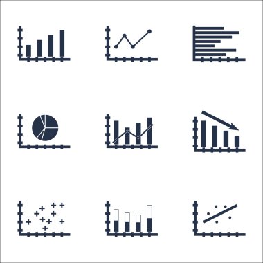 Grafikler, diyagramlar ve istatistik simgeler kümesi. Premium Kalite simgesi derleme. Simgeler, Web, uygulama ve kullanıcı arabirimi tasarımı için kullanılabilir. Vektör çizim, Eps10.