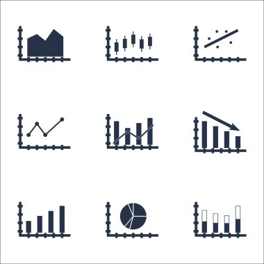 Grafikler, diyagramlar ve istatistik simgeler kümesi. Premium Kalite simgesi derleme. Simgeler, Web, uygulama ve kullanıcı arabirimi tasarımı için kullanılabilir. Vektör çizim, Eps10.