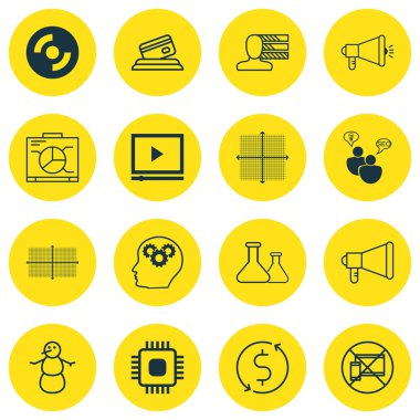 16 evrensel düzenlenebilir simgeler kümesi. Web, mobil ve App tasarım için kullanılabilir. Grafik kılavuz, duyuru, kimyasal ve daha fazlası gibi simgeleri içerir.