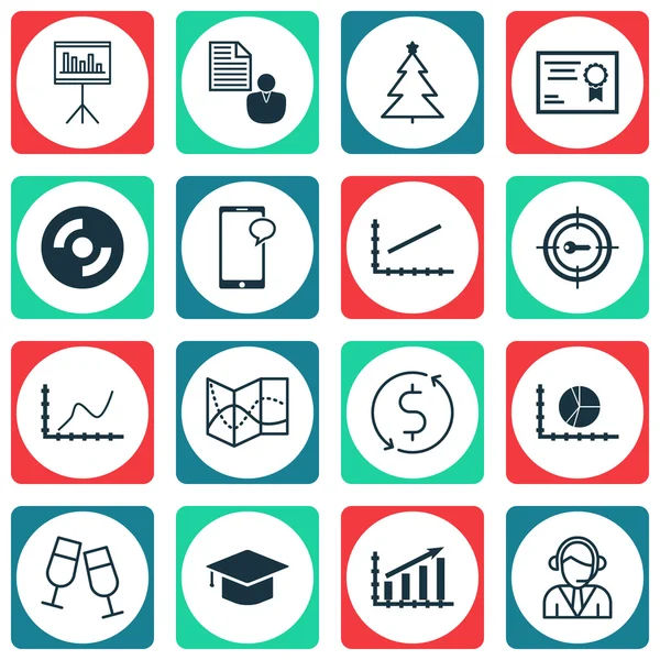 Set Of 16 Universal Editable Icons. Can Be Used For Web, Mobile And App Design. Includes Icons Such As Certificate, Circle Graph, Decorated Tree And More. — Stock Vector