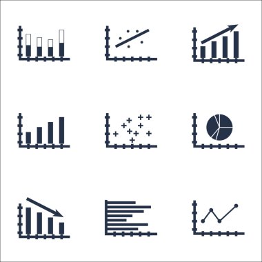 Grafikler, diyagramlar ve istatistik simgeler kümesi. Premium Kalite simgesi derleme. Simgeler, Web, uygulama ve kullanıcı arabirimi tasarımı için kullanılabilir. Vektör çizim, Eps10.