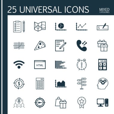 25 evrensel düzenlenebilir simgeler kümesi. Web, mobil ve App tasarım için kullanılabilir. Daire grafiği, para geri dönüşüm gibi hediye ve daha fazlasını içeren.