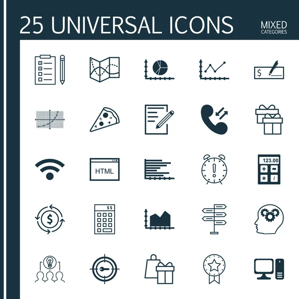 25 evrensel düzenlenebilir simgeler kümesi. Web, mobil ve App tasarım için kullanılabilir. Daire grafiği, para geri dönüşüm gibi hediye ve daha fazlasını içeren.