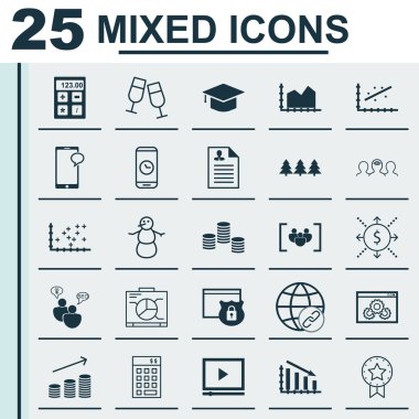 25 evrensel düzenlenebilir simgeler kümesi. Web, mobil ve App tasarım için kullanılabilir. Mezuniyet, yatırım, paralar büyüme ve daha fazlası gibi simgeleri içerir.