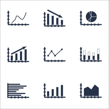 Grafikler, diyagramlar ve istatistik simgeler kümesi. Premium Kalite simgesi derleme. Simgeler, Web, uygulama ve kullanıcı arabirimi tasarımı için kullanılabilir. Vektör çizim, Eps10.