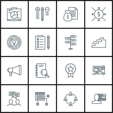 Uyarı mektubu, analiz ve duyuru konularda proje yönetimi simgeler kümesi. Düzenlenebilir vektör çizim. Toplantı, içerir hedef ve beyin fırtınası vektör simgeleri.