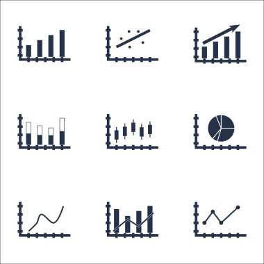 Grafikler, diyagramlar ve istatistik simgeler kümesi. Premium Kalite simgesi derleme. Simgeler, Web, uygulama ve kullanıcı arabirimi tasarımı için kullanılabilir. Vektör çizim, Eps10.