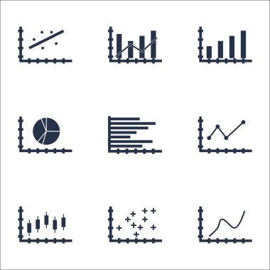 Grafikler, diyagramlar ve istatistik simgeler kümesi. Premium Kalite simgesi derleme. Simgeler, Web, uygulama ve kullanıcı arabirimi tasarımı için kullanılabilir. Vektör çizim, Eps10.