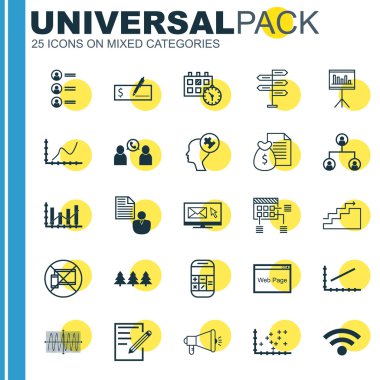 25 evrensel düzenlenebilir simgeler kümesi. Web, mobil ve App tasarım için kullanılabilir. Banka ödemesi, cep, zamanlama ve diğer yasak gibi simgeleri içerir.