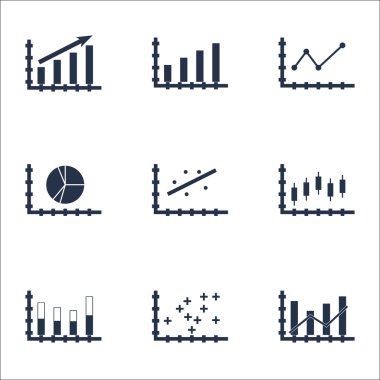 Grafikler, diyagramlar ve istatistik simgeler kümesi. Premium Kalite simgesi derleme. Simgeler, Web, uygulama ve kullanıcı arabirimi tasarımı için kullanılabilir. Vektör çizim, Eps10.