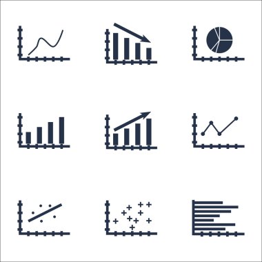 Grafikler, diyagramlar ve istatistik simgeler kümesi. Premium Kalite simgesi derleme. Simgeler, Web, uygulama ve kullanıcı arabirimi tasarımı için kullanılabilir. Vektör çizim, Eps10.