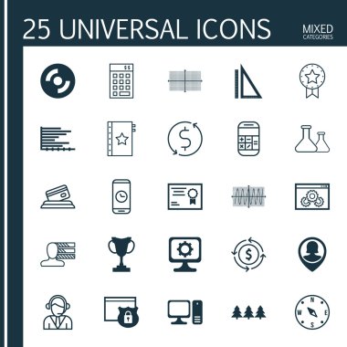 25 evrensel düzenlenebilir simgeler kümesi. Web, mobil ve App tasarım için kullanılabilir. Kredi kartı, kimyasal, arama süresi ve daha fazlası gibi simgeleri içerir.