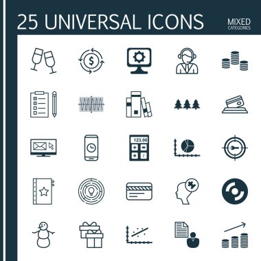 25 evrensel düzenlenebilir simgeler kümesi. Web, mobil ve App tasarım için kullanılabilir. Daire grafiği, Kütüphane, şampanya bardakları ve daha fazlası gibi simgeleri içerir.