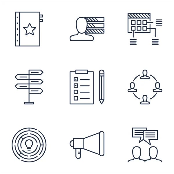 Set van Project Management iconen op persoonlijke vaardigheden, kansen en schema onderwerpen. Bewerkbare vectorillustratie. Omvat brainstormen, discussie en lijst Vector Icons. — Stockvector