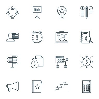 16 evrensel düzenlenebilir simgeler kümesi. Web, mobil ve App tasarım için kullanılabilir. Mevcut rozet gibi simgeleri zaman yönetimi, karar verme ve daha fazlasını içerir.