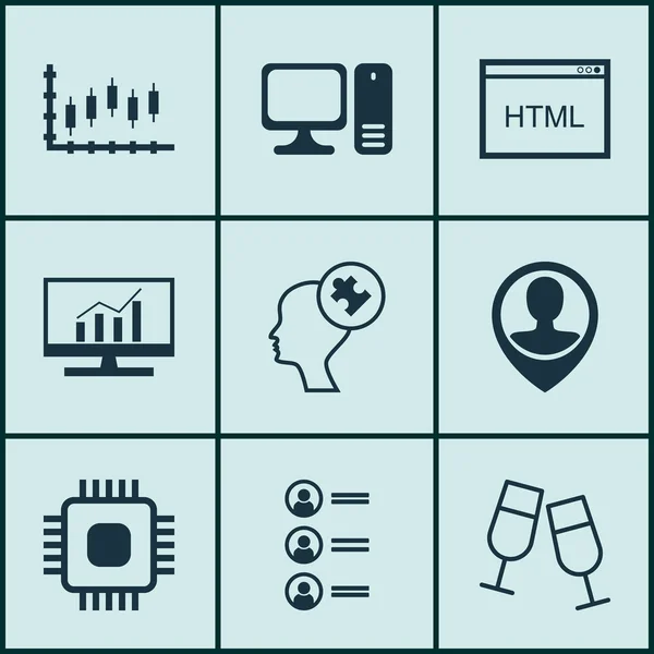 Set de 9 iconos editables universales. Puede ser utilizado para el diseño web, móvil y de aplicaciones. Incluye iconos como chip, computadora de escritorio, mente humana y más . — Archivo Imágenes Vectoriales