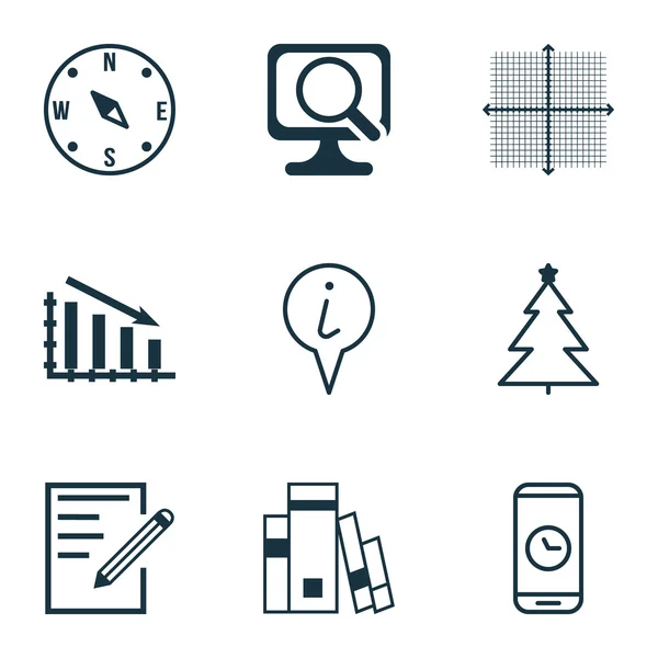 Set de 9 iconos editables universales. Puede ser utilizado para el diseño web, móvil y de aplicaciones. Incluye iconos como árbol decorado, gráfico de fallas, localizar y más . — Vector de stock
