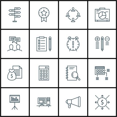 16 evrensel düzenlenebilir simgeler kümesi. Web, mobil ve App tasarım için kullanılabilir. Tartışma, işbirliği, duyuru ve daha fazlası gibi simgeleri içerir.