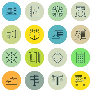 Zaman yönetimi, tartışma ve karar verme konular üzerinde proje yönetimi simgeler kümesi. Düzenlenebilir vektör çizim. Çalışma alanı, içeren liste ve Finans vektör simgeleri.