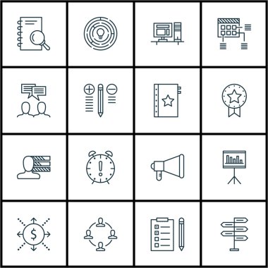 Fırsat, zaman yönetimi ve tartışma konuları üzerinde proje yönetimi simgeler kümesi. Düzenlenebilir vektör çizim. Nakit, içerir zamanlama ve görev vektör simgeleri.