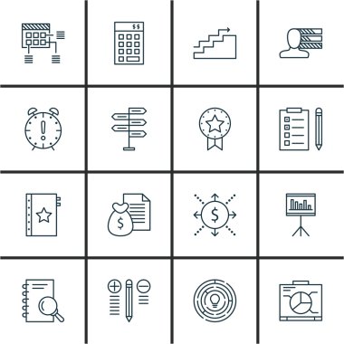 Proje Yönetimi simgeler gemide, karar verme ve mevcut rozet konular kümesi. Düzenlenebilir vektör çizim. Proje, finans ve becerileri vektör simgeler içerir.