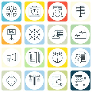 Duyuru, rapor ve kişisel becerileri konularda proje yönetimi simgeler kümesi. Düzenlenebilir vektör çizim. Proje, içerir takım çalışması ve Plan vektör simgeleri.