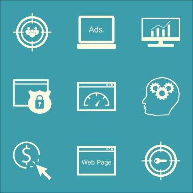 Dijital medya simgeleri pazarlama, yükleme hızı ve güvenlik konuları kümesi. Düzenlenebilir vektör çizim. Hız, beyin ve reklam vektör simgeler içerir.