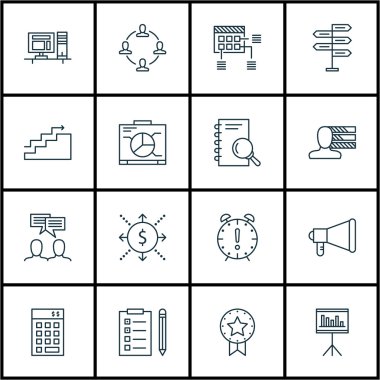 16 evrensel düzenlenebilir simgeler kümesi. Web, mobil ve App tasarım için kullanılabilir. Zaman yönetimi, tartışma, duyuru ve daha fazlası gibi simgeleri içerir.