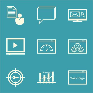 Web sitesi performansı, yükleme hızı ve anahtar kelime optimizasyonu konular üzerinde Seo simgeler kümesi. Düzenlenebilir vektör çizim. Web sitesi, Online ve tarayıcı vektör simgeler içerir.