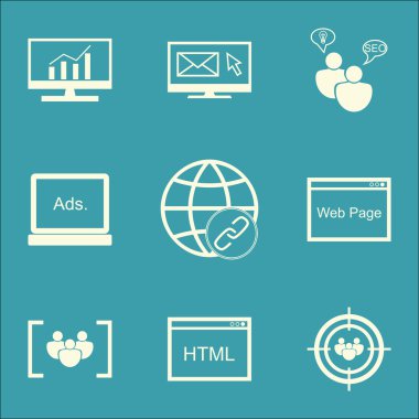 SEO simgeleri odak grup, bağlantılar ve Pazar araştırması konular üzerinde ayarlayın. Düzenlenebilir vektör çizim. Eşleştirme, danışmanlık ve tarayıcı vektör simgeler içerir.