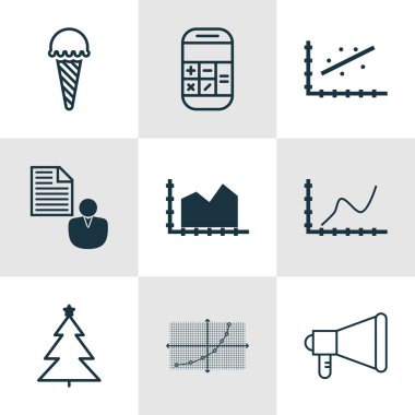 9 evrensel düzenlenebilir simgeler kümesi. Web, mobil ve App tasarım için kullanılabilir. Bir şekilde dekore edilmiş ağaç, Analytics, duyuru ve daha fazlası gibi simgeleri içerir.