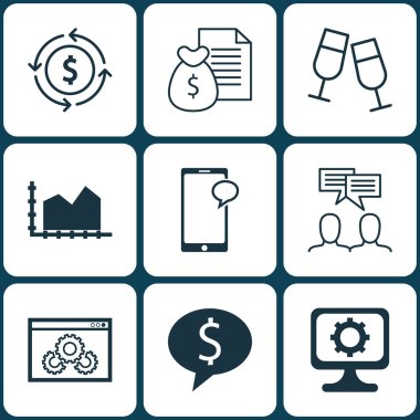 9 evrensel düzenlenebilir simgeler kümesi. Web, mobil ve App tasarım için kullanılabilir. Şampanya bardağı, para geri dönüşüm gibi rapor ve diğer simgeler içerir.