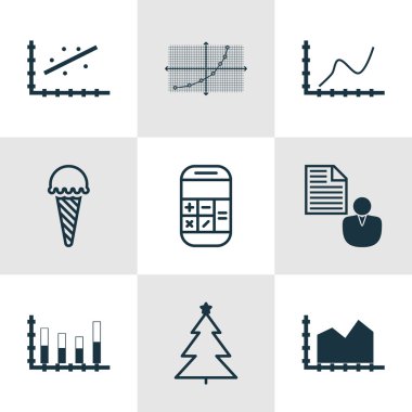 9 evrensel düzenlenebilir simgeler kümesi. Web, mobil ve App tasarım için kullanılabilir. Satır kılavuzunu, dondurulmuş gıda, rapor ve daha fazlası gibi simgeleri içerir.