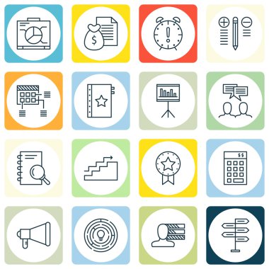 16 evrensel düzenlenebilir simgeler kümesi. Web, mobil ve App tasarım için kullanılabilir. Yönetim Kurulu, analiz, zaman yönetimi ve daha fazlası gibi simgeleri içerir.