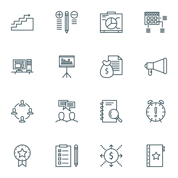 Set von Projektmanagement-Symbolen für Präsentation, Entscheidungsfindung und Geldthemen. editierbare Vektorabbildung. beinhaltet Werbung, Zeitplan und Berichtsvektorsymbole. — Stockvektor