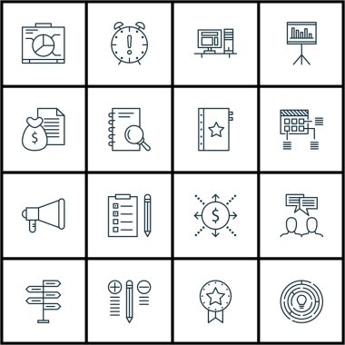 Karar verme, analiz ve garanti konular üzerinde proje yönetimi simgeler kümesi. Düzenlenebilir vektör çizim. İstatistikler, zamanlama ve analiz vektör simgeler içerir.