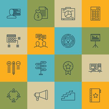 Tartışma, karar verme ve işbirliği konuları üzerinde proje yönetimi simgeler kümesi. Düzenlenebilir vektör çizim. Çalışma alanı, kişisel ve promosyon vektör simgeler içerir.