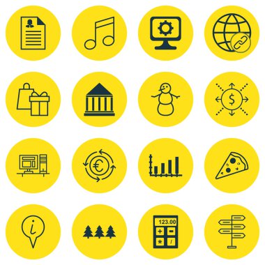 16 evrensel düzenlenebilir simgeler kümesi. Web, mobil ve App tasarım için kullanılabilir. Kış, Dynamics, para birimi geri dönüşüm ve daha fazlası gibi simgeleri içerir.