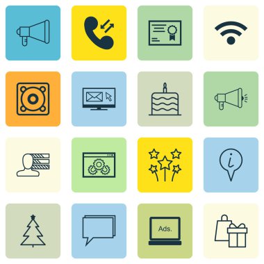 16 evrensel düzenlenebilir simgeler kümesi. Web, mobil ve App tasarım için kullanılabilir. Müzik, Kişisel Beceri ve konferans gibi simgeleri içerir.