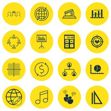 16 evrensel düzenlenebilir simgeler kümesi. Web, mobil ve App tasarım için kullanılabilir. Daire grafiği, bağlantılar, kredi kartı ve daha fazla gibi simgeleri içerir.