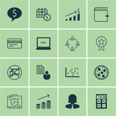 16 evrensel düzenlenebilir simgeler kümesi. Web, mobil ve App tasarım için kullanılabilir. Yönetim Kurulu, raporu ve başarılı yatırım gibi simgeleri içerir.