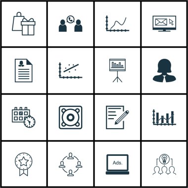 16 evrensel düzenlenebilir simgeler kümesi. Web, mobil ve App tasarım için kullanılabilir. Bülten, dijital medya, müzik ve daha fazlası gibi simgeleri içerir.