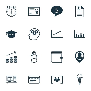 16 evrensel düzenlenebilir simgeler kümesi. Web, mobil ve App tasarım için kullanılabilir. Bilgisayar ve daha fazla parçalı çubuk grafik, çizgi grafiği, gibi simgeleri içerir.