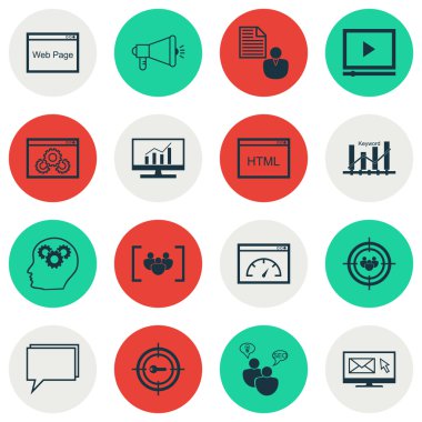 SEO simgeleri Pazar araştırması, odak grup ve beyin işlemi konular üzerinde ayarlayın. Düzenlenebilir vektör çizim. Video, içeren kısa ve Web vektör simgeleri.