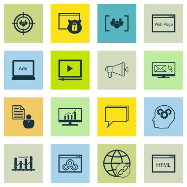 Odak grup, medya kampanyası ve bağlantı konuları reklam simgeler kümesi. Düzenlenebilir vektör çizim. Kısa, sayfa ve seyirci vektör simgeler içerir.