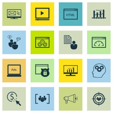 16 evrensel düzenlenebilir simgeler kümesi. Web, mobil ve App tasarım için kullanılabilir. Odak grup, Ppc, güvenlik ve daha fazlası gibi simgeleri içerir.